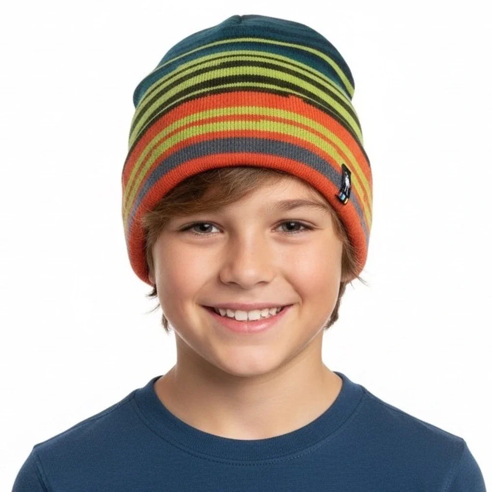 SMARTWOOL Wintersport Reversible Kids Striped Beanie Winter‎ Snow Green Orange